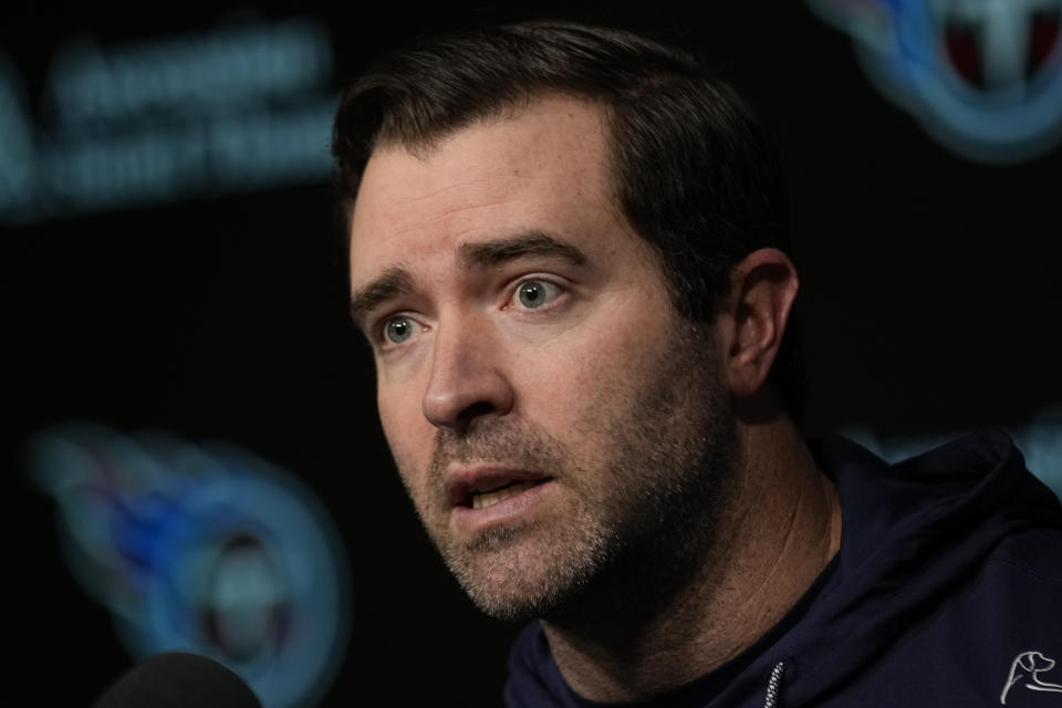 Tennessee Titans head coach Brian Callahan responds to questions during a news conference at the NFL football team's training facility Wednesday, Feb. 14, 2024, in Nashville, Tenn. (AP Photo/George Walker IV)