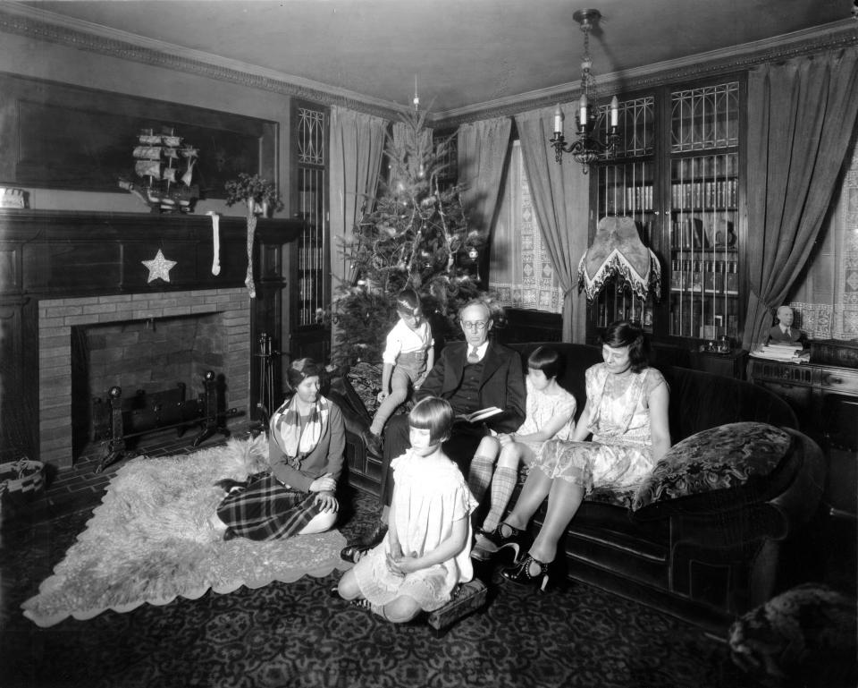 Former Oklahoma Gov. Henry S. Johnston and his family are shown here in 1928 during the first Christmas season of the Governor's Mansion, which was completed in 1928. Johnston's stay in the mansion was shorter than expected as he was impeached and removed from office.