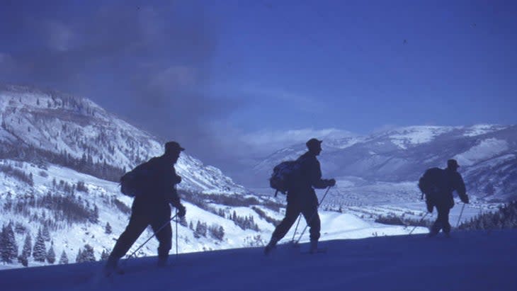 <span class="article__caption">Three soldiers ski above Camp Hale. </span> (: Denver Public Library)
