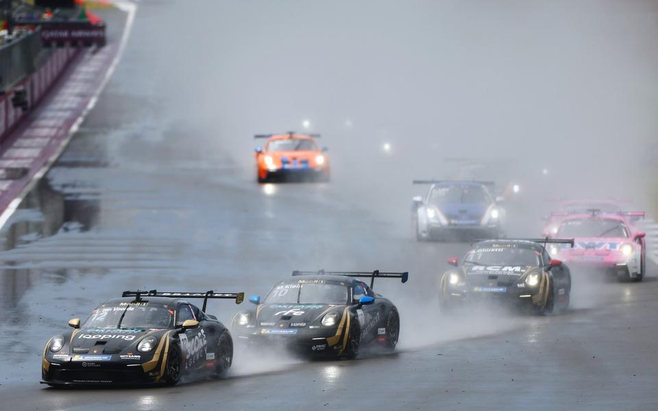 Larry ten Voorde of Netherlands and Schumacher CLRT (12) leads Marvin Klein of France and Schumacher CLRT (10) during the Round 4 Silverstone race of the Porsche Mobil 1 Supercup at Silverstone Circuit on July 07, 2024 in Northampton, England.