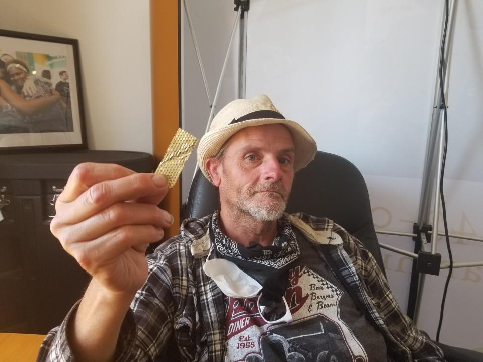 Derek "D-Rock" Williams with a piece of the golden glitter from the "America's Got Talent" audition. (Photo: Ron Donoho)