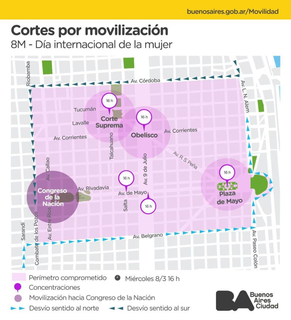 Mapa de cortes en la ciudad de Buenos Aires por el día internacional de la mujer