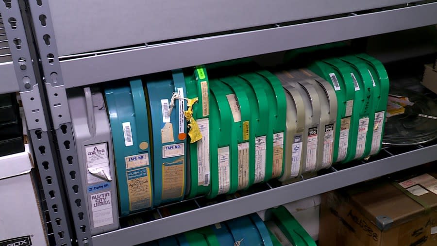 Several two-inch quad tapes of recordings of episodes of Austin City Limits TV show sit on a shelf in an archive room at Austin PBS. (KXAN Photo/Ed Zavala)