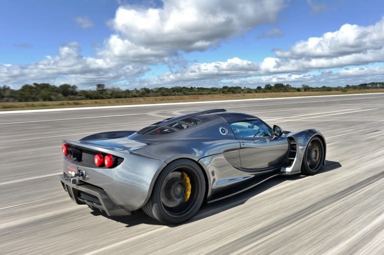 The Hennessey Venom GT seen in February 2014 at the Kennedy Space Center on the runway used for space shuttle landings.