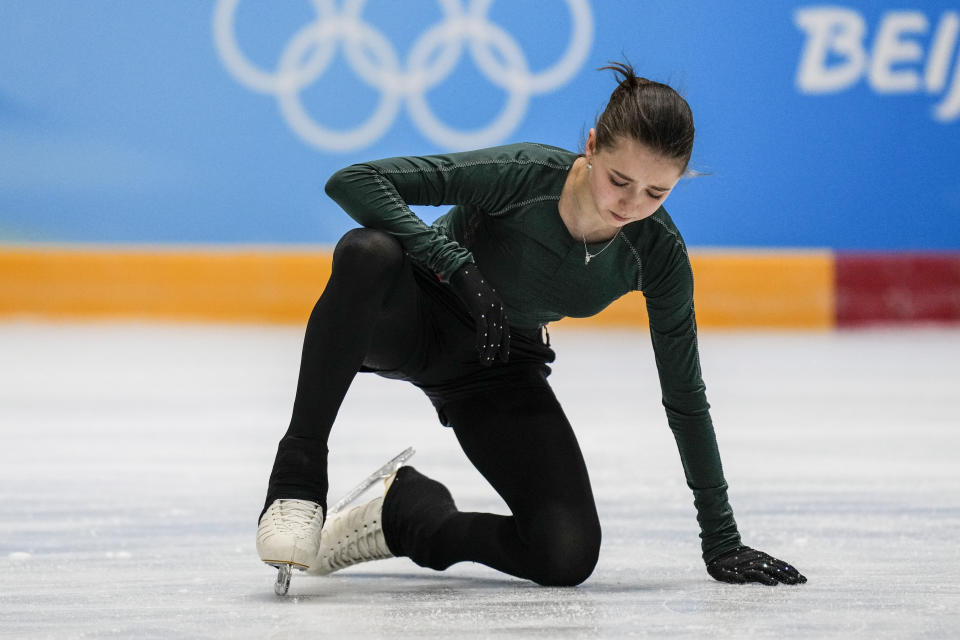 Kamila Valieva, of the Russian Olympic Committee, trains at the 2022 Winter Olympics, Monday, Feb. 14, 2022, in Beijing. (AP Photo/Bernat Armangue)