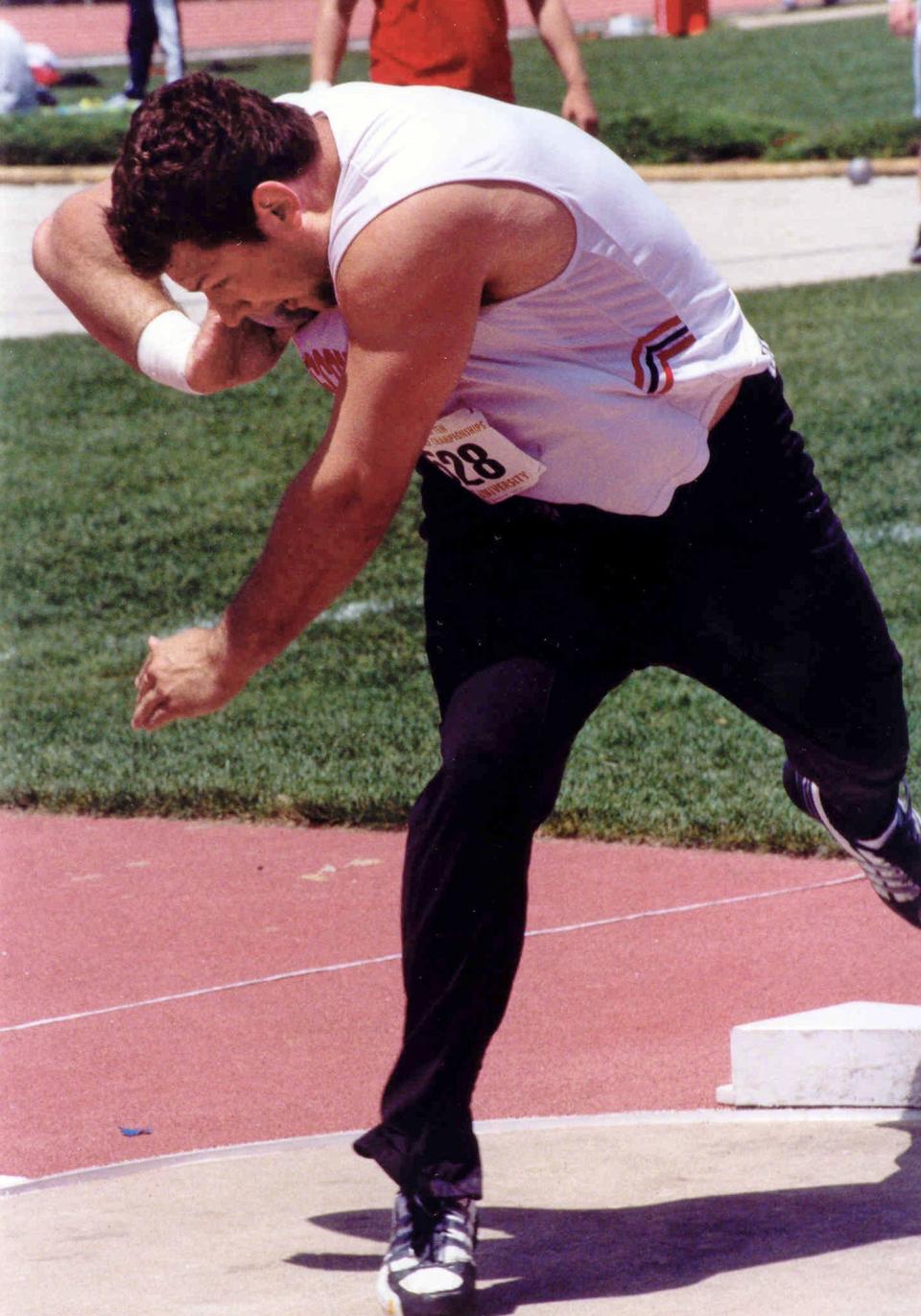 Former Cleveland Browns left tackle Joe Thomas throws the shot put during his track and field days at the University of Wisconsin. Thomas believes shot-putting helped him develop into an elite pass blocker in the NFL.