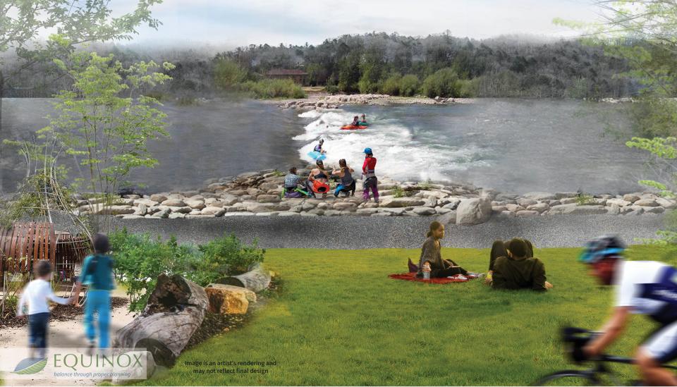 This rendering by Equinox Environmental shows what the Woodfin whitewater wave feature might look like when constructed on the French Broad River.
(Photo: Courtesy of Equinox Environmental)