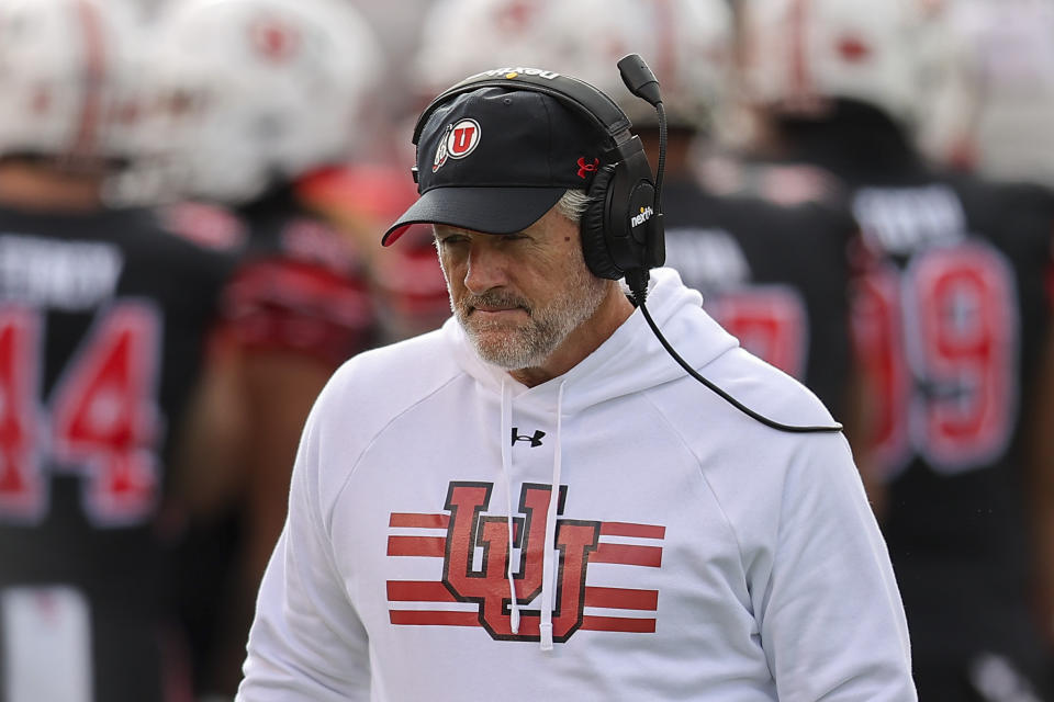 Utah head coach Kyle Whittingham looks on against Colorado during the first half of an NCAA college football game Saturday, Nov. 25, 2023, in Salt Lake City. (AP Photo/Rob Gray)