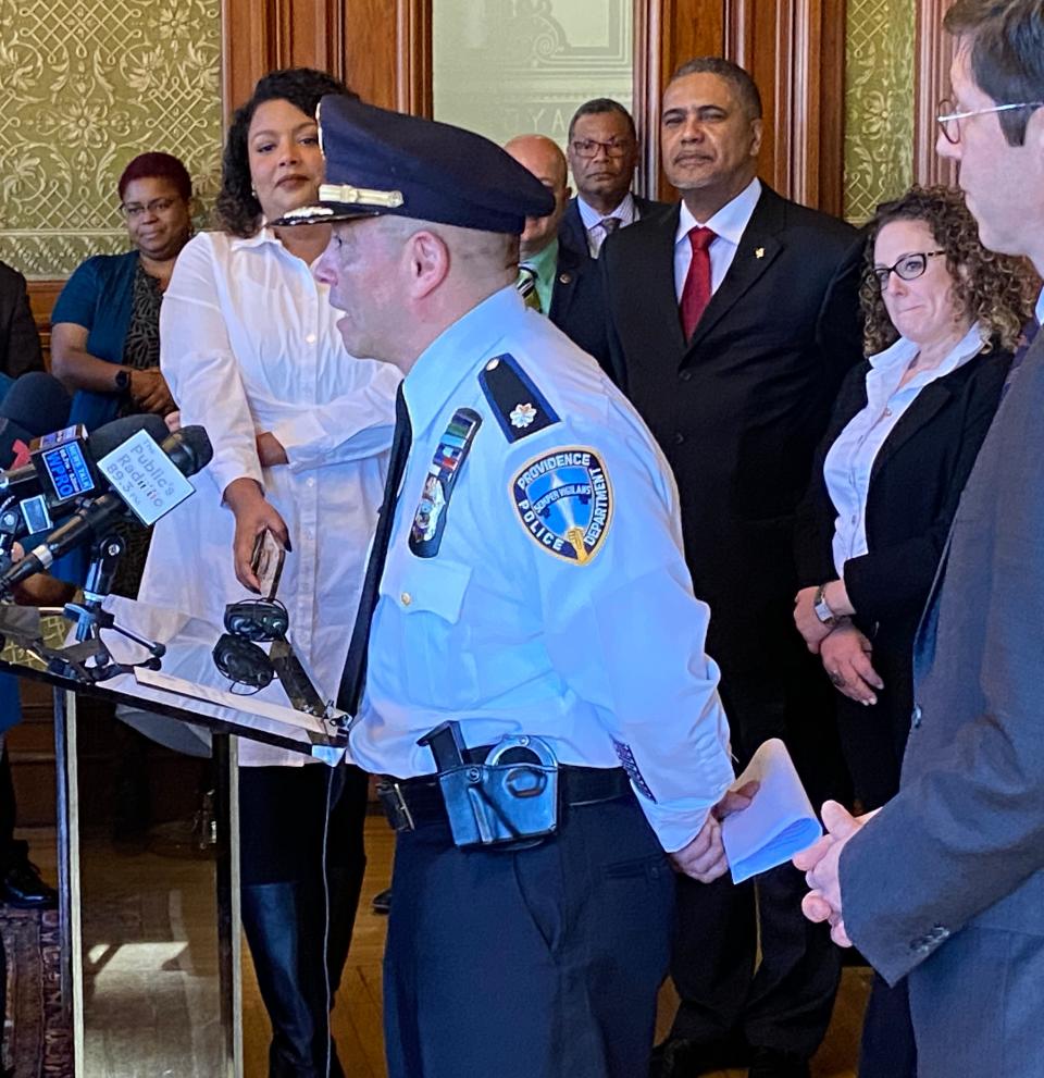Col. Oscar Perez speaks after being appointed Providence's 39th police chief in March. The department is making recruitment a year-round effort, and doing outreach with high schools, colleges and community groups to attract more candidates.