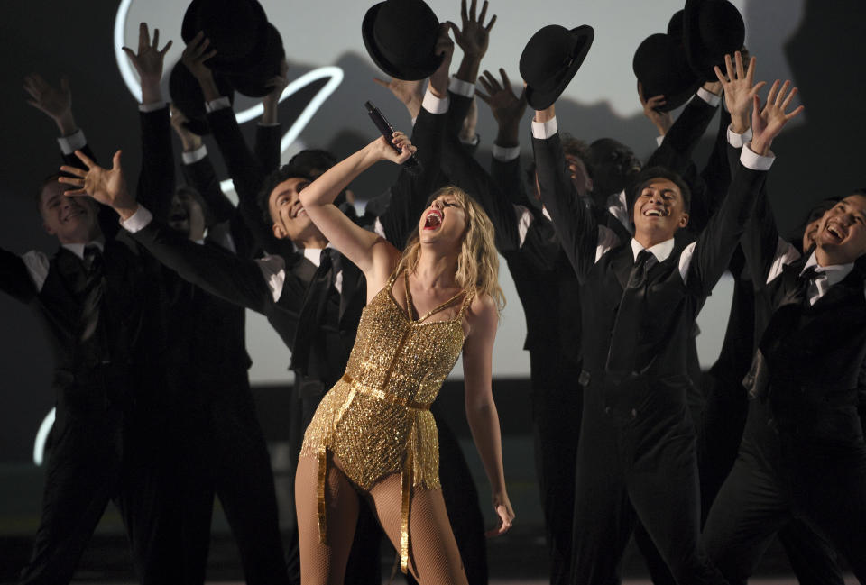 Taylor Swift, winner of the artist of the decade award, performs a medley at the American Music Awards on Sunday, Nov. 24, 2019, at the Microsoft Theater in Los Angeles. (Photo by Chris Pizzello/Invision/AP)