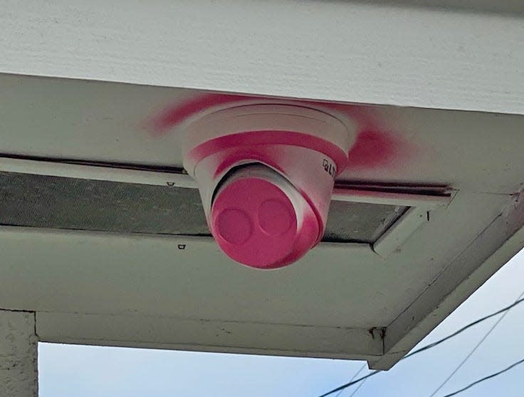 Spray paint covers a security camera at LifeChoice Pregnancy Center in Winter Haven. The management said graffiti was vandalized over the weekend following Friday's Supreme Court ruling nullifying nationwide abortion rights.