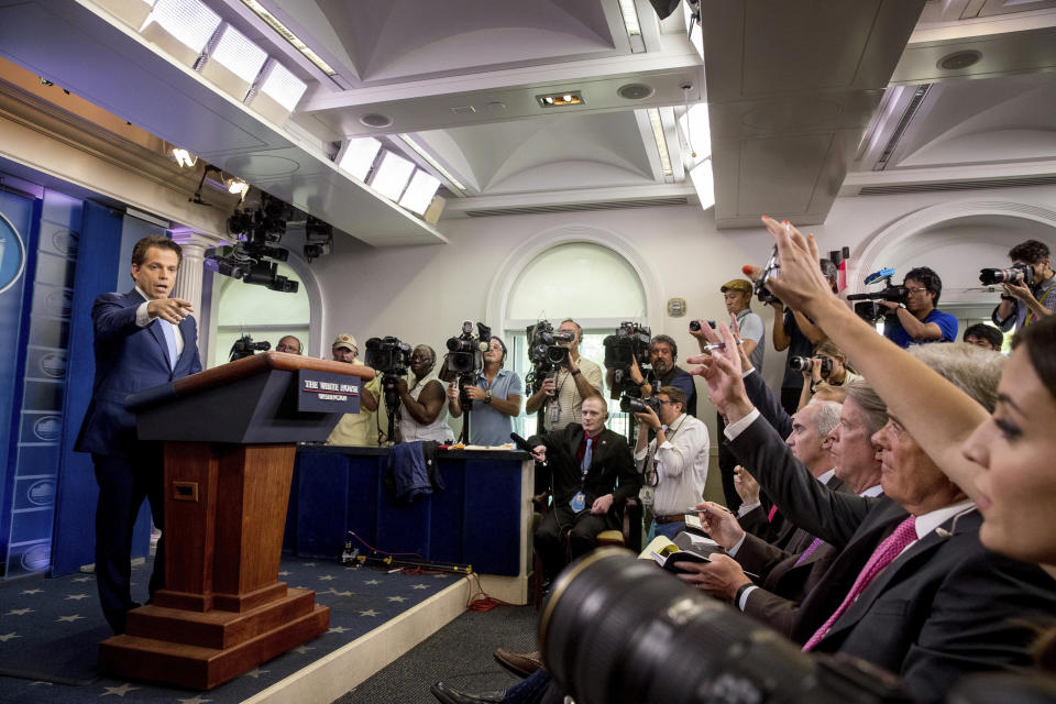 Anthony Scaramucci, incoming White House communications director, takes a question from the media during the daily press briefing at the White House, Friday, July 21, 2017, in Washington. White House press secretary Sean Spicer resigned and Sarah Huckabee Sanders was named press secretary. (AP Photo/Andrew Harnik)