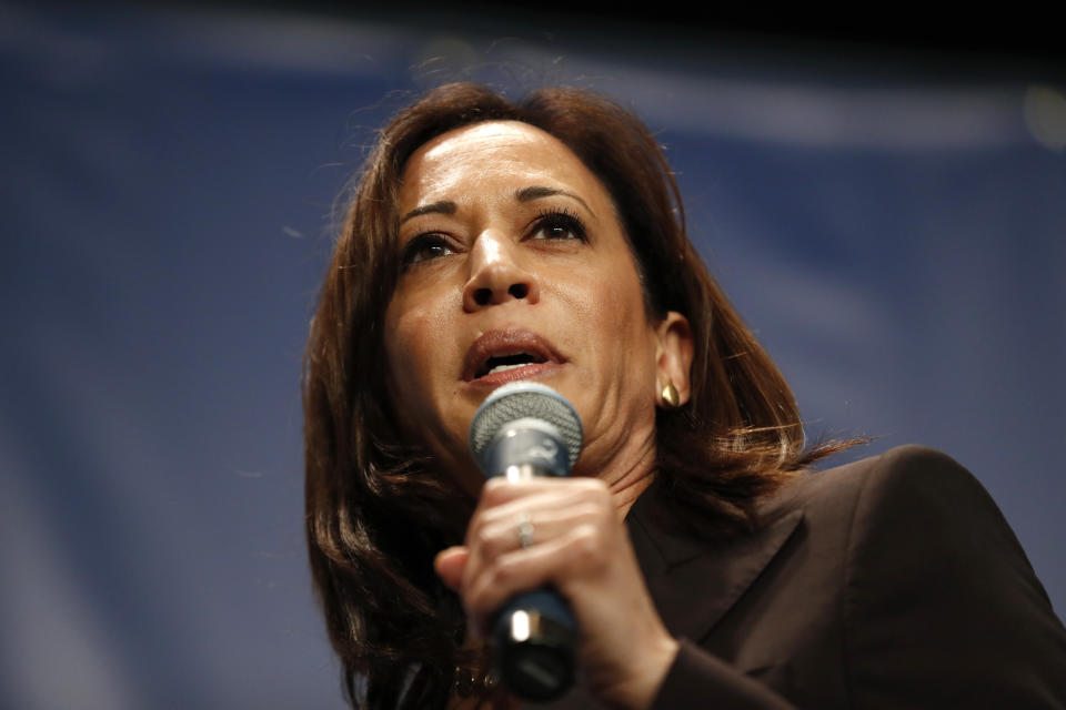 Democratic presidential candidate Kamala Harris speaks during the Iowa Democratic Party's Hall of Fame Celebration, Sunday, June 9, 2019, in Cedar Rapids, Iowa. (AP Photo/Charlie Neibergall)