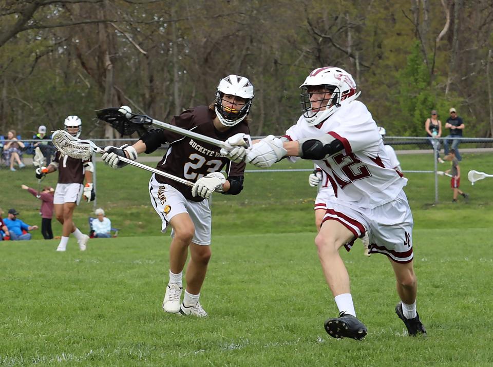 John Glenn junior Jackson Xanders (12) controls the ball as he attempts to elude a Buckeye Valley defender during action last season in New Concord. The Muskies will compete the 2024 season in the newly formed Mid-Ohio Lacrosse League with Granville, Licking Valley, Jonathan Elder and Johnstown High schools.