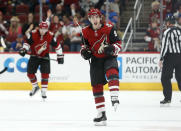 Arizona Coyotes center Clayton Keller (9) celebrates after scoring a goal against the New York Rangers during the second period of an NHL hockey game, Sunday, Jan. 6, 2019, in Glendale, Ariz. (AP Photo/Ralph Freso)