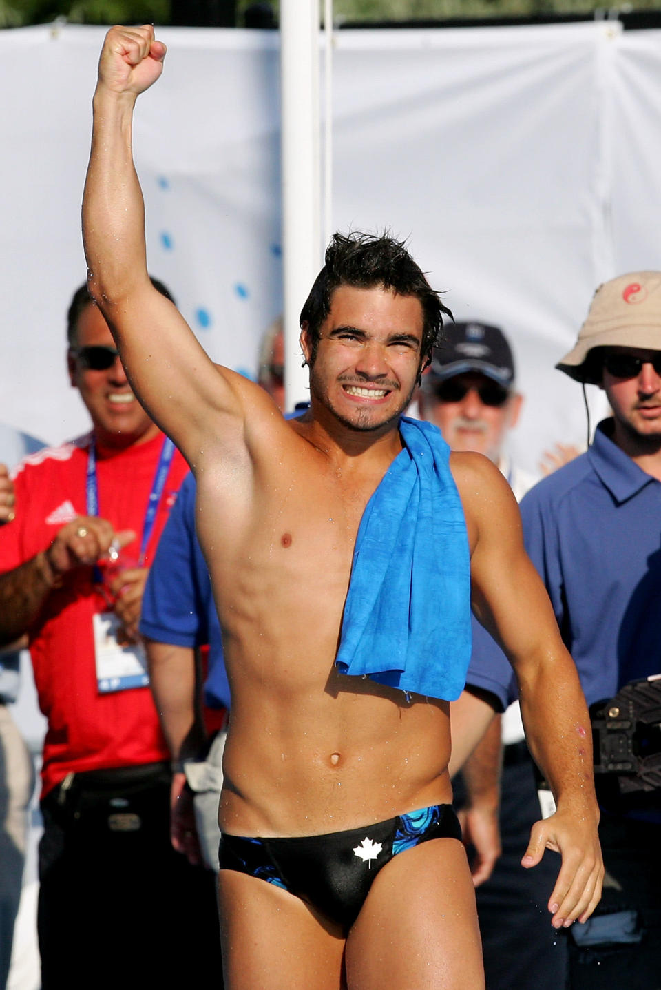 MONTREAL - JULY 19: Alexandre Despatie of Canada celebrates winning the gold medal in the Men's 3 meter Springboard final during the XI FINA World Championships on July 19, 2005 at the Parc Jean-Drapeau in Montreal, Quebec, Canada. (Photo by Alexander Hassenstein/Bongarts/Getty Images)