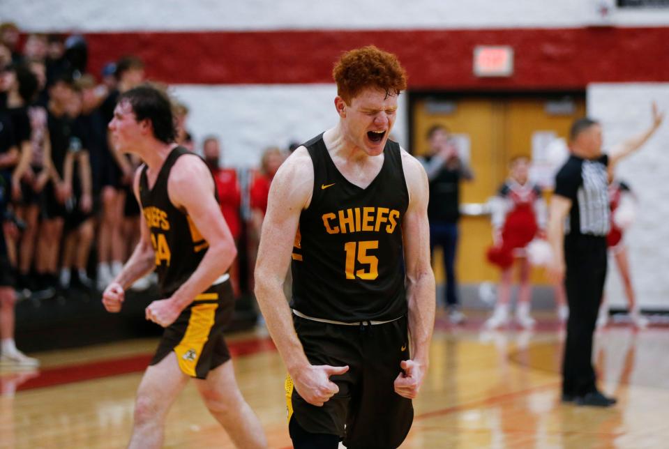 The Kickapoo Chiefs celebrate after beating the Nixa Eagles to win the Class 6 District 5 championship at Ozark High School on Monday, March 6, 2023.