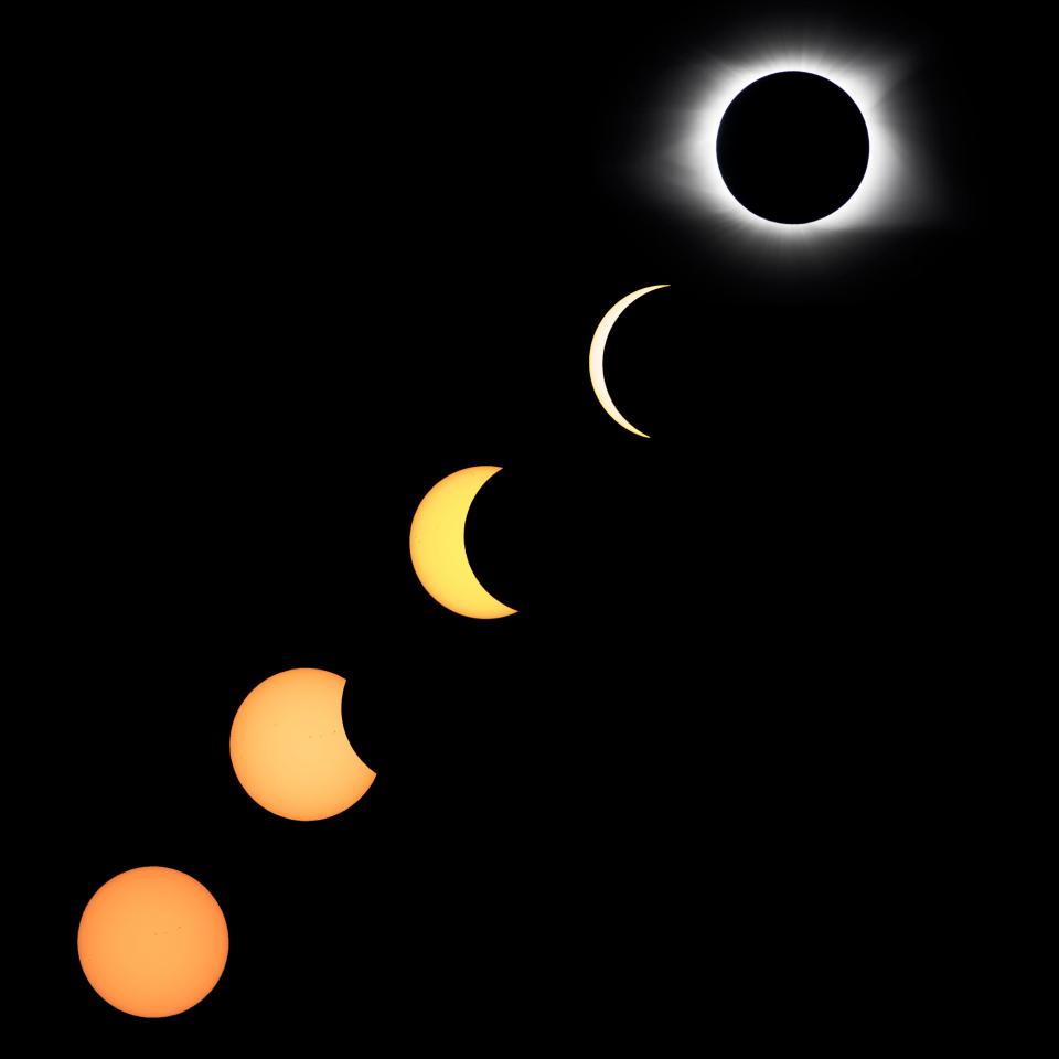 In this composite image made of five photographs, different phases of the solar eclipse are visible up to totality in Greenville on Monday, Aug. 21, 2017.