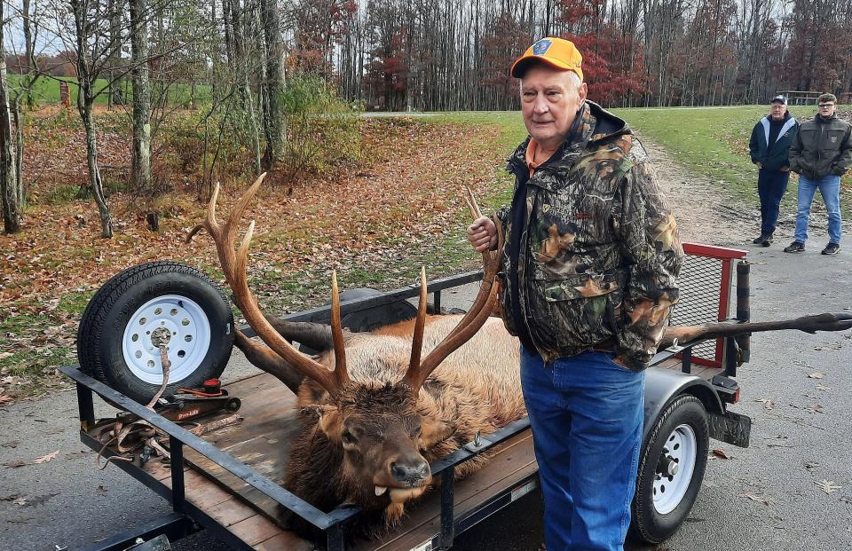 Tom Smyers, 83, of Bedford, poses Tuesday in Benezette has shot two bull elk in Pennsylvania in his hunting career, the most recent on Monday afternoon.
