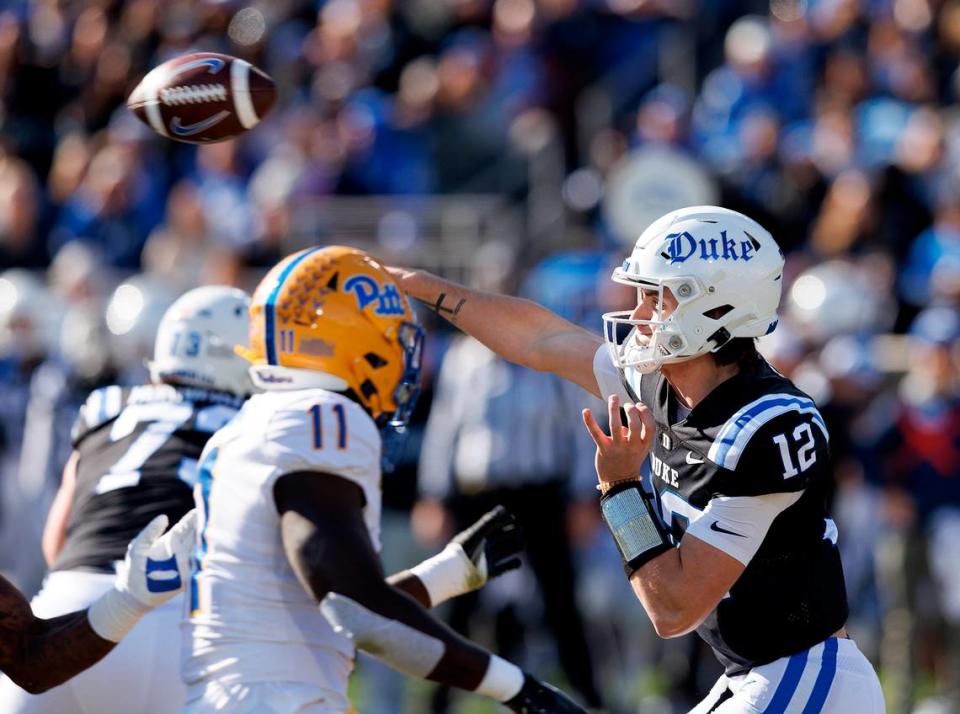 Duke’s Grayson Loftis throws a pass during the first half of the Blue Devils’ game against Pittsburgh on Saturday, Nov. 25, 2023, at Wallace Wade Stadium in Durham, N.C.