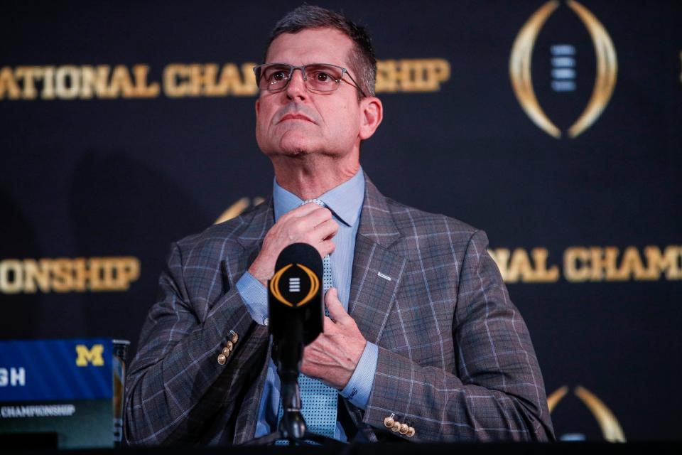 Michigan coach Jim Harbaugh speaks during CFP national championship coaches news conference at Liberty Hall in Houston on Sunday, Jan. 7, 2024.