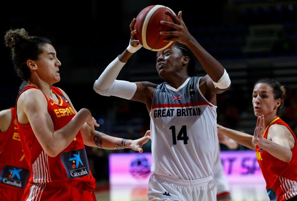 BELGRADE, SERBIA - FEBRUARY 09: Temi Fagbenle (C) of Great Britain in action against Laura Nicholls (L) and Queralt Casas (R) of Spain during the FIBA Women's Olympic Qualifying Tournament 2020 Group B match between Great Britain and Spain at Aleksandar Nikolic Hall on February 9, 2020 in Belgrade, Serbia.