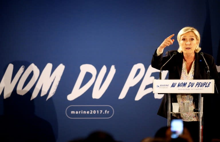 French presidential election candidate for the far-right Front National (FN) party Marine Le Pen delivers a speech during a campaign meeting in Arcis-sur-Aube, eastern France, on April 11, 2017