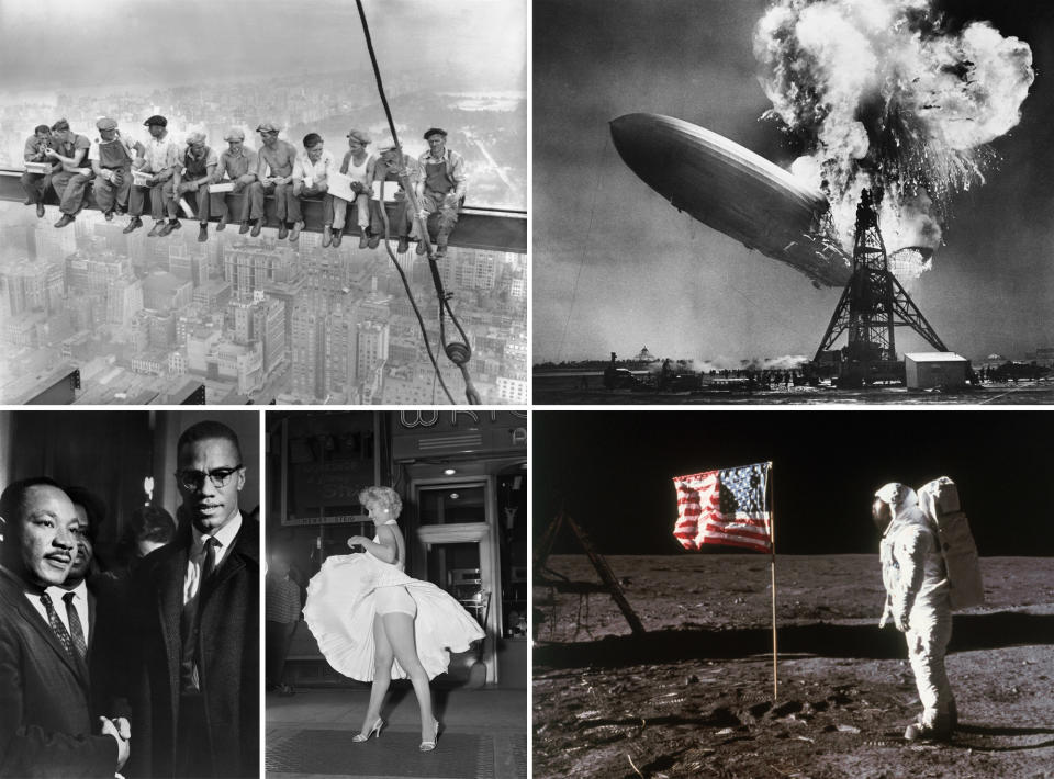 Some highlights from the Bettmann Archive, including (clockwise from top left) “Lunch Atop a Skyscraper” (1932), the Hindenburg disaster (1937), Apollo 11 mission (1969), Marilyn Monroe filming Seven Year Itch (1954), and the only meeting between Malcolm X and Martin Luther King Jr. (1964)