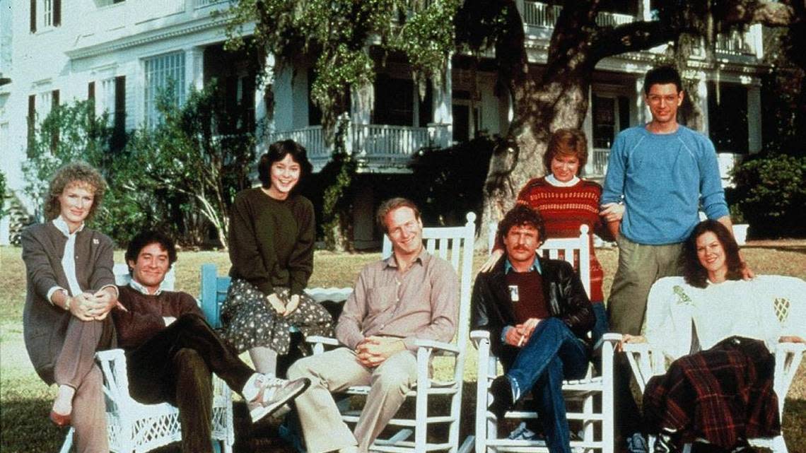 The cast of 1983’s ‘The Big Chill’ outside of Beaufort’s Tidalholm mansion: Glenn Close, Kevin Kline, Meg Tilly, William Hurt, Tom Berenger, Mary Kay Place, Jeff Goldblum, JoBeth Williams