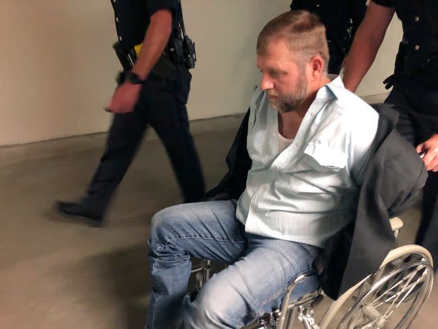 Ammon Bundy is rolled out of the Idaho Statehouse in Boise, Idaho, in a wheelchair on Aug. 26, 2020, following his arrest for trespassing. (Photo: Keith Ridler via Associated Press)