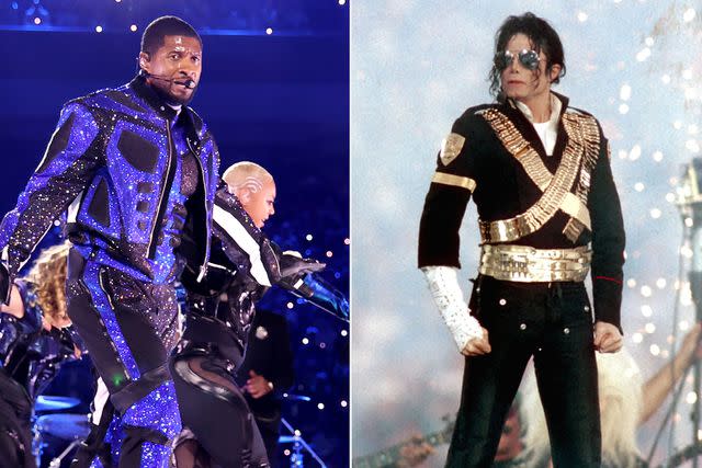 <p>Getty</p> Usher; Michael Jackson — Super Bowl halftime performers