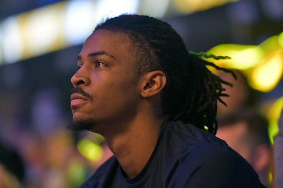 Memphis Grizzlies guard Ja Morant sits on the bench before Game 5 in a first-round NBA basketball playoff series against the Los Angeles Lakers Wednesday, April 26, 2023, in Memphis, Tenn. (AP Photo/Brandon Dill)