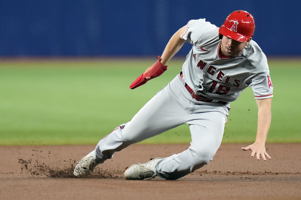 Los Angeles Angels' Nolan Schanuel falls down trying to go from first to their base on a single by Zach Neto off Tampa Bay Rays starting pitcher Aaron Civale during the first inning of a baseball game Wednesday, Sept. 20, 2023, in St. Petersburg, Fla. Schanuel went back to second base. (AP Photo/Chris O'Meara)