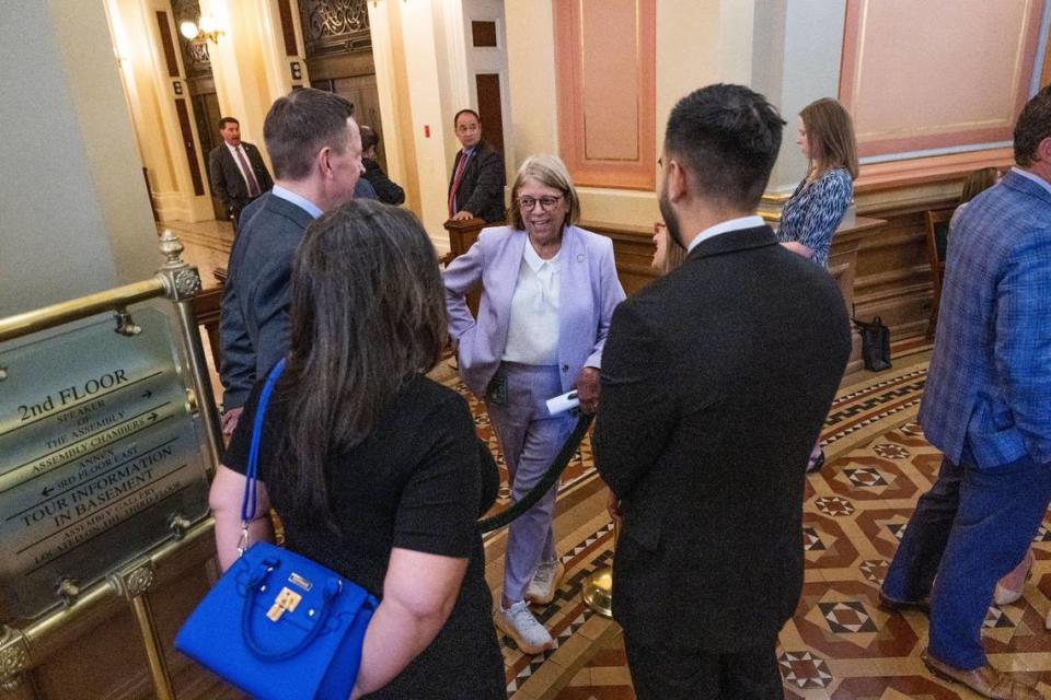 Assemblywoman Cecilia Aguiar-Curry, D-Winters, talks with a lobbyist Tuesday. Her bill to require a human operator in autonomous trucks faces a likely veto.