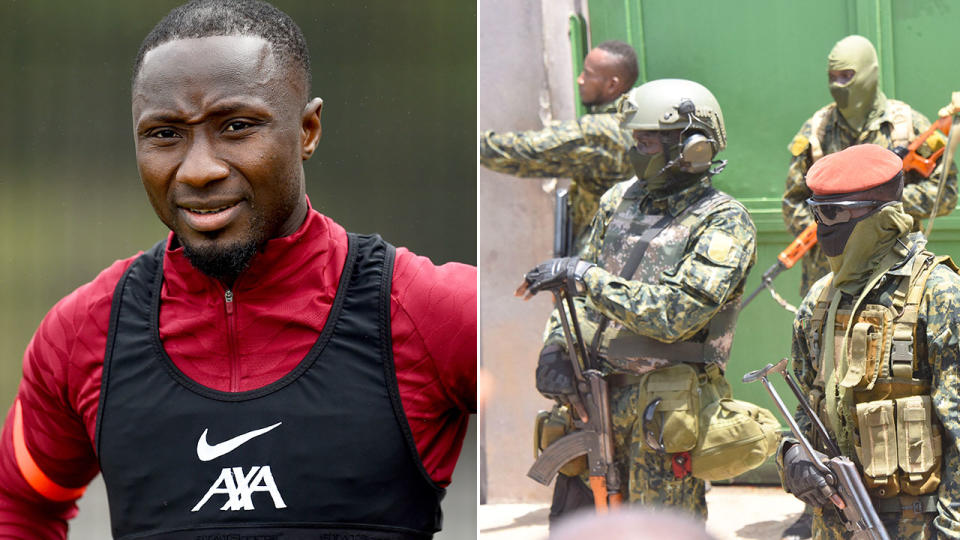 Pictured here, Liverpool's Naby Keita and soldiers involved in a Guinea a military coup. 