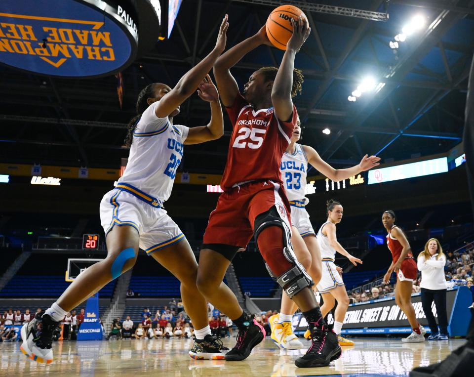 Mar 20, 2023; Los Angeles, CA, USA; UCLA Bruins guard Charisma Osborne (20) and forward Gabriela Jaquez (23) trap Oklahoma Sooners forward Madi Williams (25) on the baseline during the 2nd quarter of an NCAA Tournament Women’s 2nd Round dd game at Pauley Pavilion. Mandatory Credit: Robert Hanashiro-USA TODAY Sports