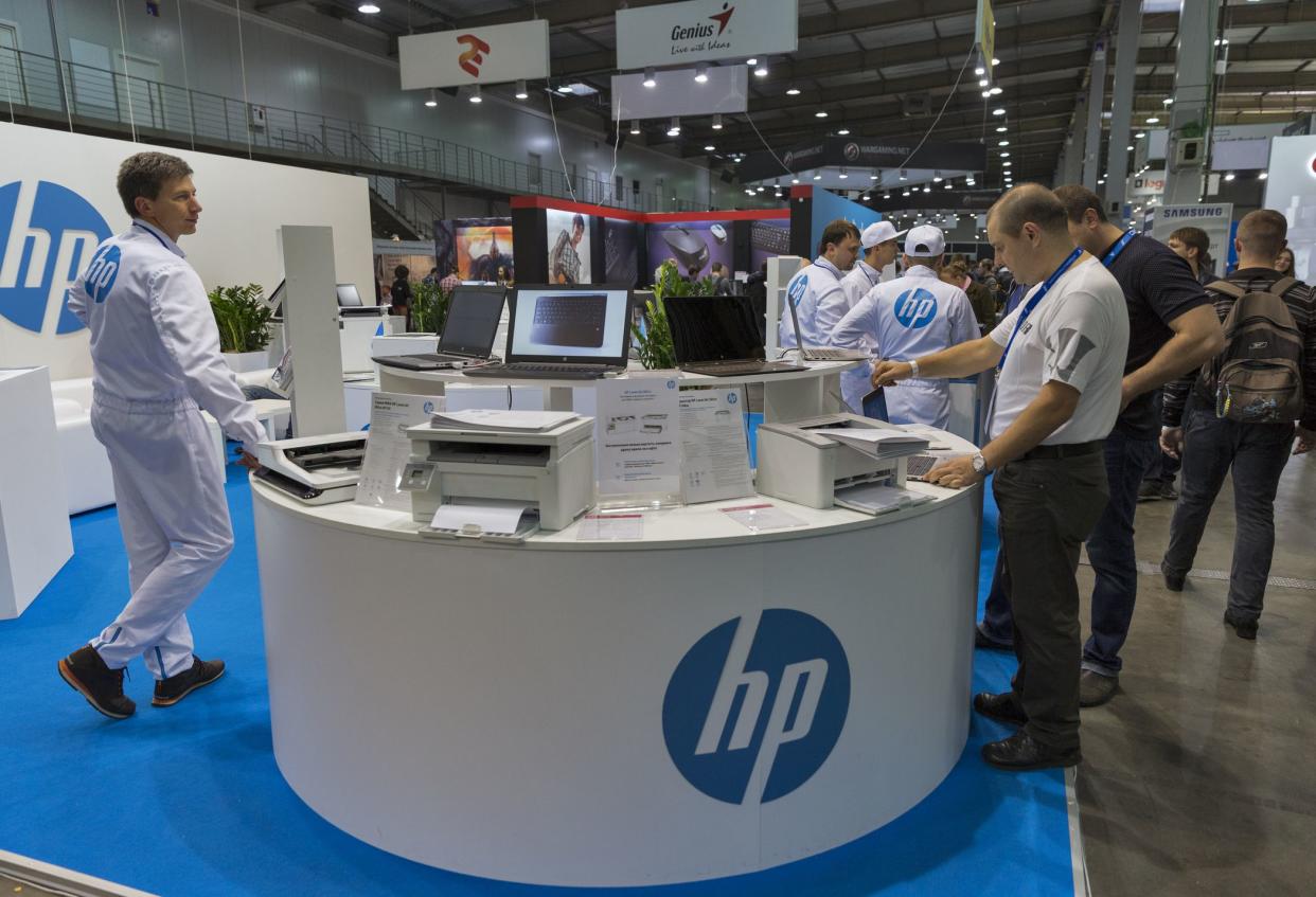 Kiev, Ukraine - October 9, 2016: People visit Hewlett-Packard, American multinational information technology company booth at CEE 2016.