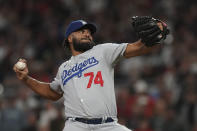 Los Angeles Dodgers pitcher Kenley Jansen throws during the eighth inning against the Atlanta Braves in Game 1 of baseball's National League Championship Series Saturday, Oct. 16, 2021, in Atlanta. (AP Photo/Brynn Anderson)