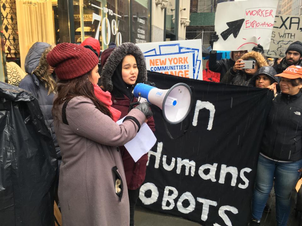 Hiba Aly, 20, a former worker at an Amazon warehouse in Staten Island, New York who addressed the crowd at a protest in Manhattan on Monday.