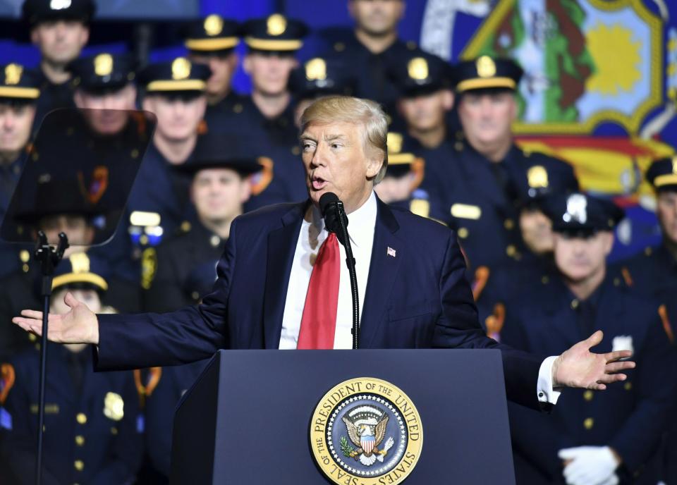 President Donald Trump delivers remarks on law enforcement at Suffolk Community College in Ronkonkoma, New York, on July 28, 2017.