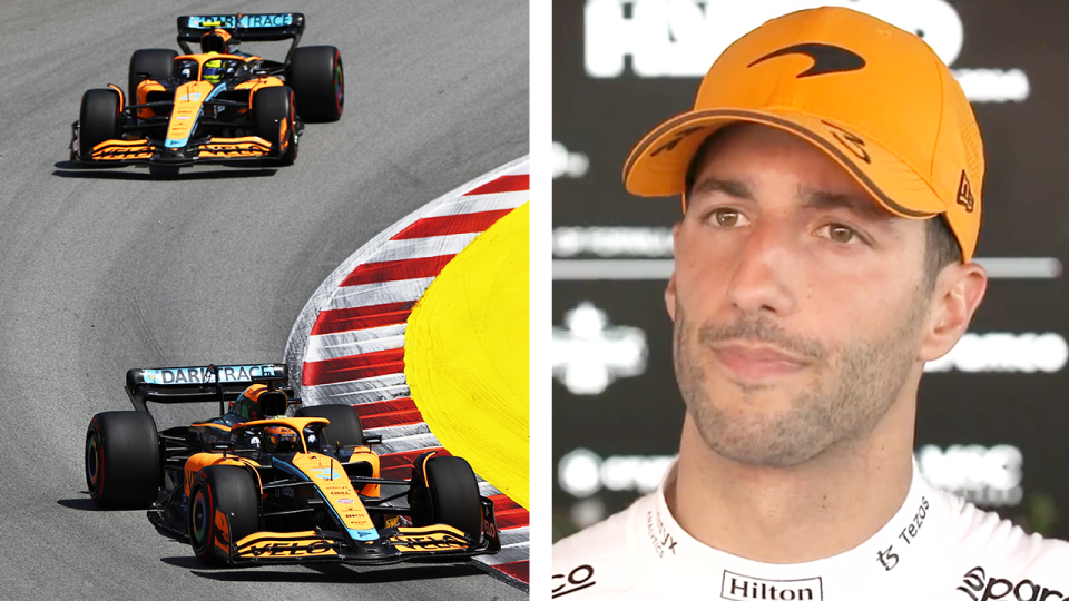 McLaren F1 driver Daniel Ricciardo (pictured right) during an interview and (pictured left) two McLaren car at the Spanish GP.