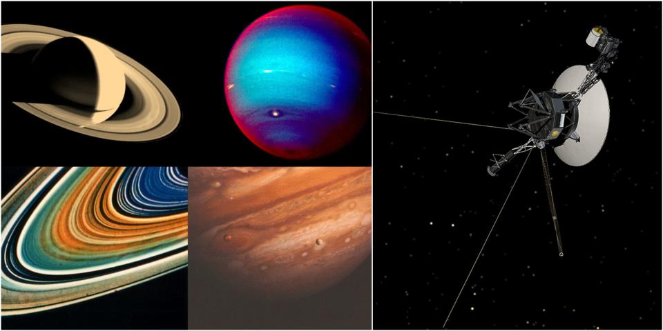 A photo montage shows pictures taken by the Voyager probes next to an illustration of what the Voyager probes look like.