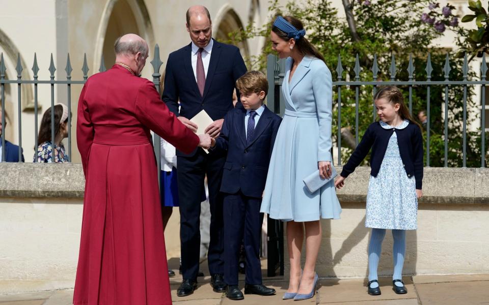 The Cambridges say goodbye to the Right Revd David Conner as they leave the service at Windsor Castle - Andrew Matthews/Getty Images