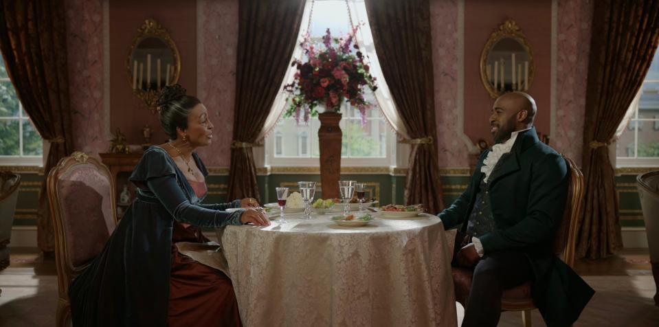 Adjoa Andoh as Lady Agatha Danbury and Daniel Francis as Lord Marcus Anderson on season three of "Bridgerton."