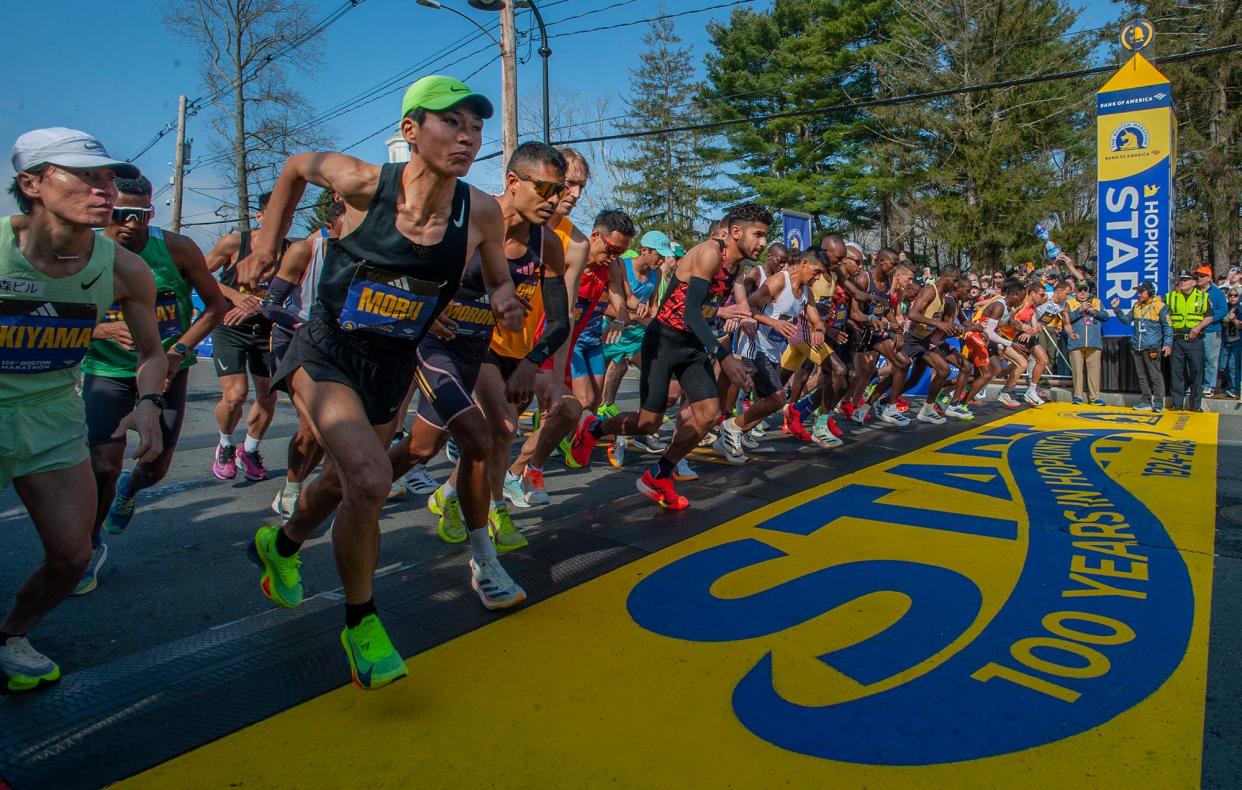 The professional men's start at the 128th running of the Boston Marathon in Hopkinton, April 15, 2024.