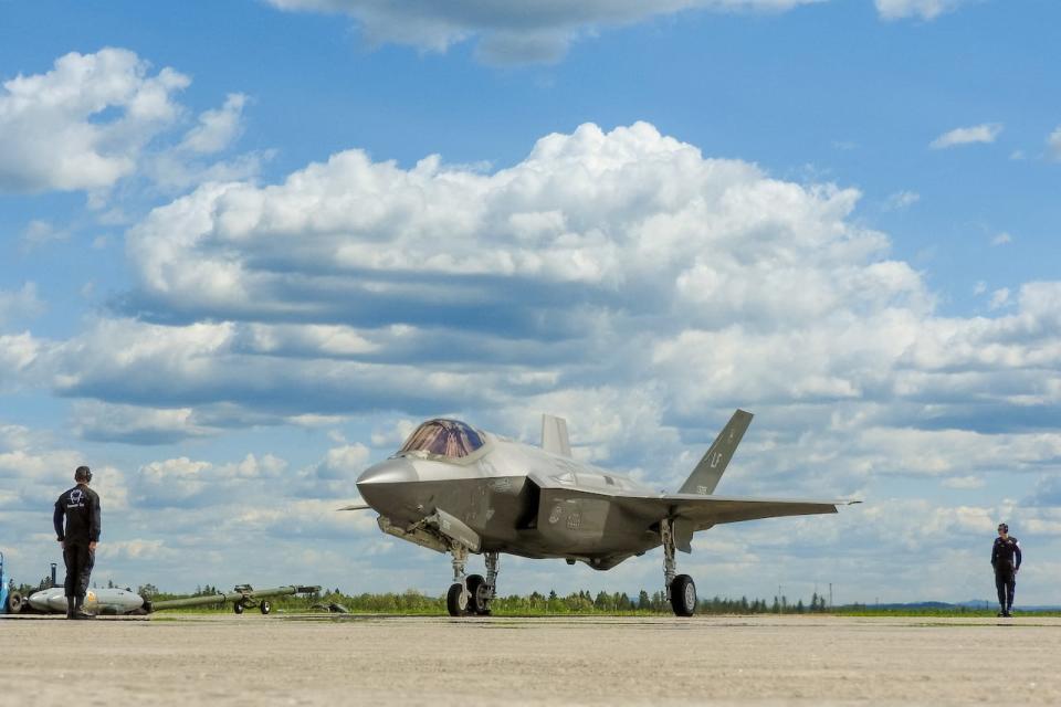 An F-35 prepares for takeoff at the Bagotville International Air Show in Quebec on June 22, 2019. One defence expert warns the F-35s Canada plans to purchase could be grounded if the air force can't hire enough pilots. (Staff Sgt. Jensen Stidham/U.S. Air Force/Reuters - image credit)