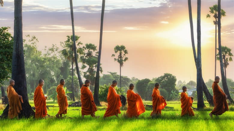 Buddhist monks walking across a lawn