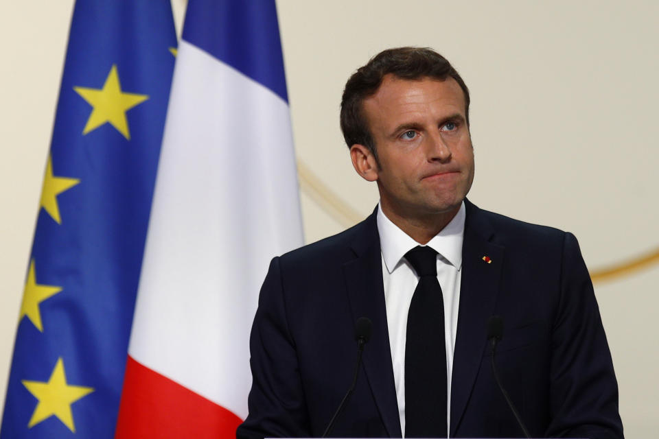 French president Emmanuel Macron delivers his speech to honor Japan's architect Arata Isozaki at the Elysee Palace, in Paris, Friday, May 24, 2019. Isozaki is the laureate of the 2019 Pritzker architecture prize. (AP Photo/Francois Mori, pool)