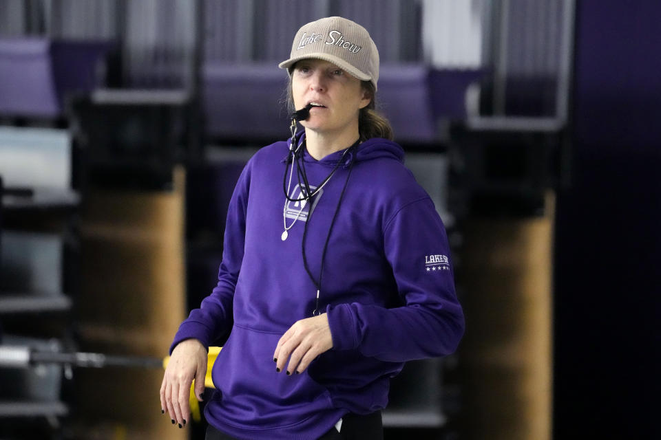 Northwestern women's lacrosse coach Kelly Amonte Hiller watches players during practice in Evanston, Ill., Tuesday, Feb. 6, 2024. (AP Photo/Nam Y. Huh)