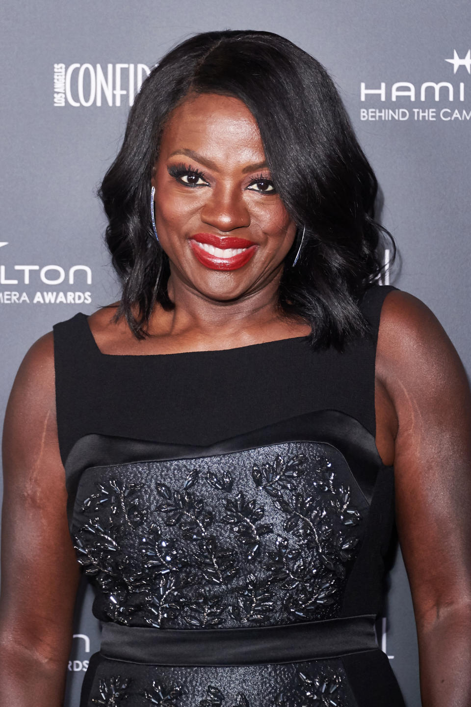 Viola Davis attends Hamilton Behind The Camera Awards in black dress.